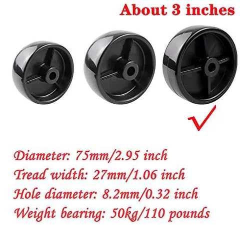 Patio heater wheels, set of three black plastic casters; 75mm diameter, 27mm tread, 8.2mm hole, 50kg rating.