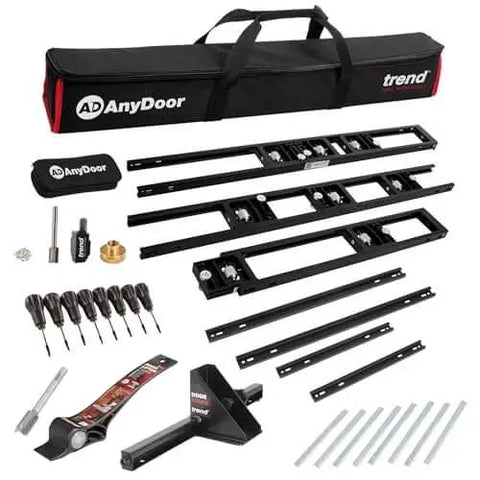 All-In-One Adjustable Door Hinge Jig Installation Kit For 2 Ft 6 In To 9 Ft Doors, No-Fuss Hands-Free Foot Operated Lifter, Sturdy Door Stand, And Pro Router Bit By Trend, includes adjustable jig, router bits, door stand, and foot lifter with carry case