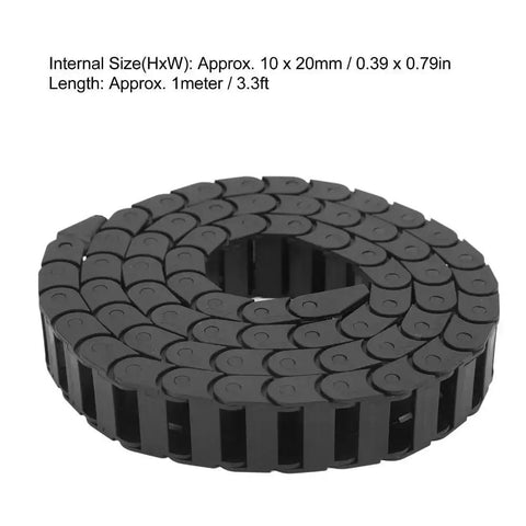 Rugged Nylon Cable Carrier 1 Meter Drag Chain For CNC Machines With End Connector, PA66, showing coiled design and dimensions.