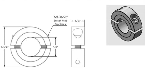 Double Split Clamp On Shaft Collar With Five Eighth Inch Bore Carbon Steel Black Oxide Coating For Easy Install And Durable Performance Four Pack With Ten Thirty Two Set Screws By AZSSMUK For Industrial Machinery And Precise Shafts, schematic and 3D view