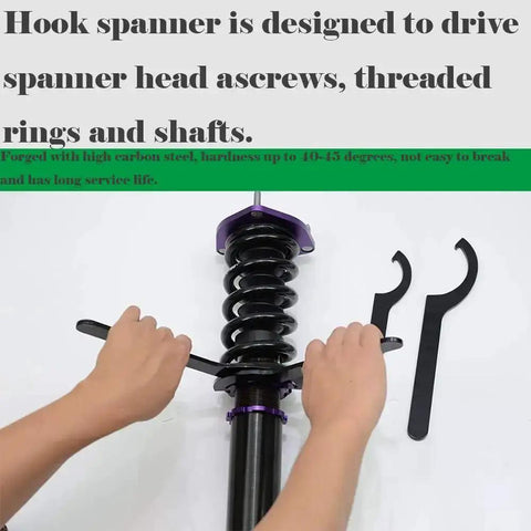 C Hook Wrench For 28-32mm Round Nut Metric Collet Chuck in use on spanner head with threaded rings, hands holding tools