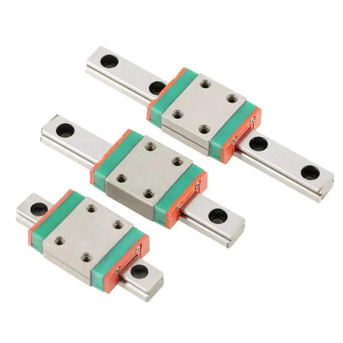 Three LML7B Miniature Linear Rail Guides with 7mm width and slide blocks for 3D printer and CNC machine, shown from top view.