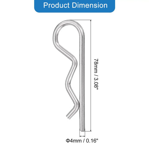 Tough As Nails 4mm By 78mm Hairpin Cotter Pins Kit In 304 Stainless Steel R Clips Retaining Pins dimensions shown.