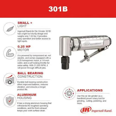Lightweight One Quarter Inch Right Angle Air Die Grinder With Twenty One Thousand RPM, Ball Bearing Construction, Aluminum Housing, Safety Lock, And Built Tough For Tight Spots From Ingersoll Rand product image showing features