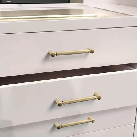 6 Pack 5 Inch Center To Center Knurled Cabinet Pulls In Champagne Bronze With Circular End Caps on dresser drawers
