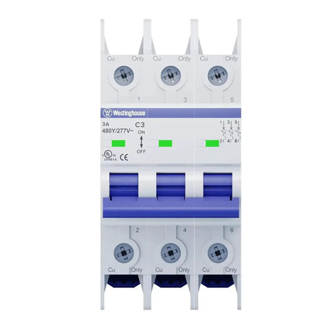 UL 489 AC Miniature Circuit Breaker 3 Amp 3 Pole C Curve For 480Y 277V AC 10kA SCCR Thermal Magnetic Trip DIN Rail Mount