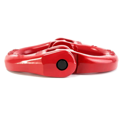 Close-up of a G80 Alloy Steel Hammerlock Coupling Link Five Sixteenths Inch Safety Chain Connector, 4400 lbs capacity, red finish.