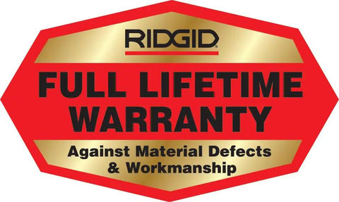 Warranty badge for Ridgid, stating 'Full Lifetime Warranty Against Material Defects & Workmanship' on red and gold background.