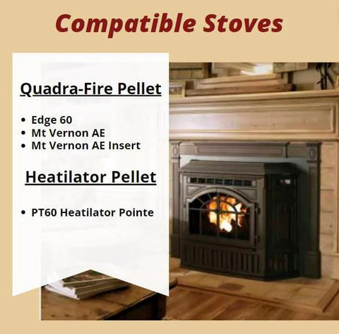 Quadra-Fire compatible stoves graphic listing Mt Vernon AE, Edge 60, Mt Vernon AE Insert, and Heatilator Pointe PT60
