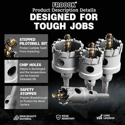 Heavy Duty 22 Piece Carbide Hole Saw Kit For Metal With Titanium Pilot And 3 L Wrenches Pro Grade TCT Cutters For Stainless Steel Iron Aluminum And Other Metals From FROOOK, detailed features presentation.