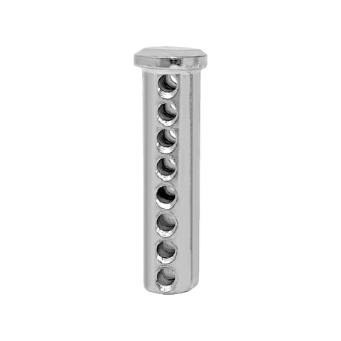 Rugged Adjustable Clevis Pin 3/8 x 2 Inch Zinc Coated Steel With 8 Holes And R Clip, side view of heavy duty fastener tool.