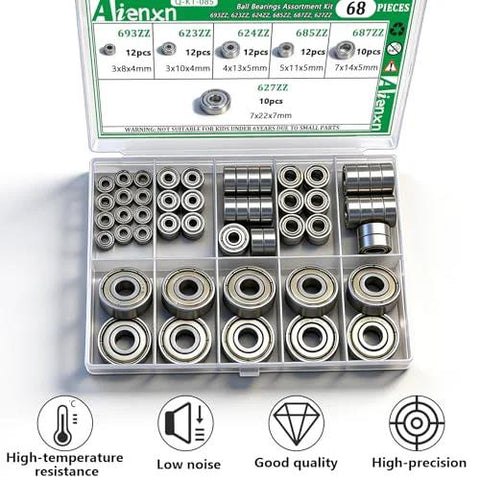 Top view of Aienxn 68-piece carbon steel deep groove ball bearing kit with 6 sizes (ZZ) in plastic case