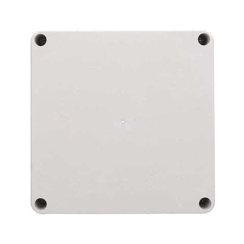 Front view of IP65 Waterproof ABS Plastic Enclosure Box with concealed mounting holes for indoor and outdoor use, 120x120x90mm.