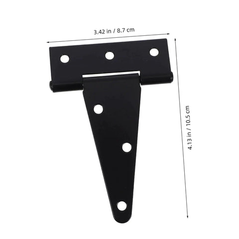 Heavy Duty Extended T Shape Gate Hinge For Wood Gates And Fences With High Load Capacity And Rock Solid Stability Easy Mounting Screws Included Durable Gate Hardware For Outdoor Yard And Farm Weather Resistant Finish. Black T-shaped metal hinge on white background with measurements 3.42 x 4.13 inches.