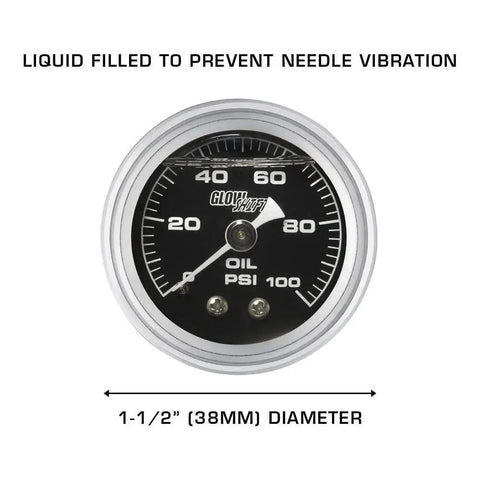 Front view of Liquid Filled Mechanical Oil Pressure Gauge 0 To 100 Psi With 1-1/2 Inch Black Dial White Needle Clear Lens Waterproof