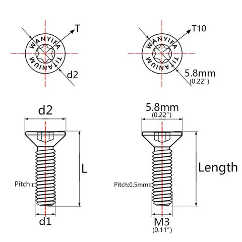 Technical drawing of Titanium M3 Countersunk Torx T10 Flat Head Bolts Set, showcasing dimensions and design specifications.