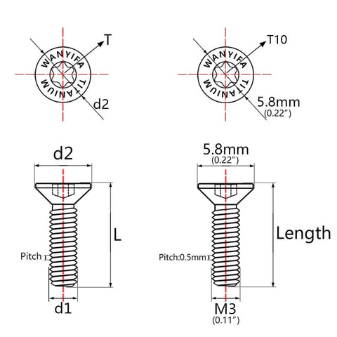 Technical drawing of 10 Pcs Titanium Countersunk Torx T10 M3 Bolts Set With Flat Head Gold Finish Lengths 6Mm 8Mm 10Mm 12Mm 15Mm 18Mm 20Mm Grade 5 6AL-4V Titanium Alloy Corrosion Resistant High Strength Screws detailing dimensions and threading.