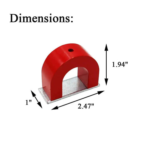 Dimensions of the Beefy Red Alnico Horseshoe Magnet Workhorse With 40 Lb Pull Capacity And 12 Oz Tool Magnet For Lifting, Holding, Sorting.