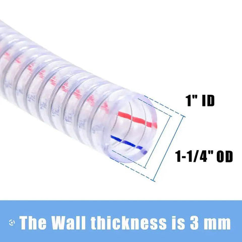 Rugged Heavy Duty PVC Suction Hose One Inch ID By One And A Quarter Inch OD, showing wall thickness and steel wire reinforcement