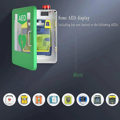 Wall Mounted Go-To AED Defibrillator Cabinet With Alarm, Keyed Lock And First Aid Case, showing AEDs and specifications