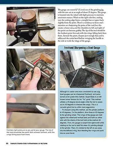 Page from 'Complete Starter Guide To Woodturning On The Lathe For Beginners With 8 Practical Projects' showing sharpening techniques.