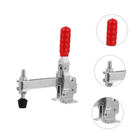 2 Piece Hand Toggle Clamps Set Fixed Welding Clamps With Rubber Tips And Quick Release For Woodworking Jigs And Fixtures Ergonomic Grip For Repetitive Tasks Built Tough Iron, showcasing ergonomic red handle and rubber tipped end for protection.