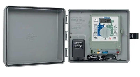 Outdoor Sprinkler Controller Cabinet With GFCI Weatherproof ABS Box open showing indoor controller integration