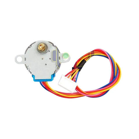 28BYJ-48 geared stepper motor with 5V DC, multicolor lead wires, and mounting tab