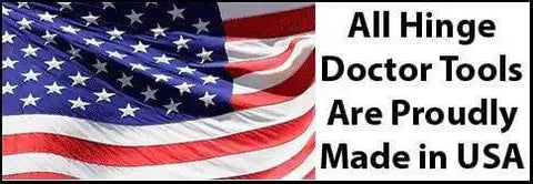 American flag with text 'All Hinge Doctor Tools Are Proudly Made in USA' for HA1 Hinge Repair Tool Six Pack For Quick Fix Of 4.5 By 4.5 Non Ball Bearing Door Hinges Made In USA With Free Storage Tube And Easy Instructions Great For DIY Home Repairs.