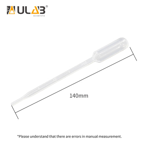 ULAB sterile transfer pipette, 3ml capacity with 1ml/0.25ml graduations, clear LDPE, 140mm, peel-pack, pack of 100.