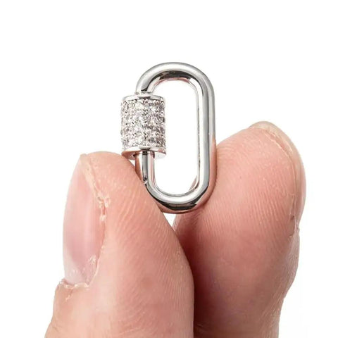 Five Silver Screw Carabiner Lock Charms Set With Brass Micro Pave Cubic Zirconia Oval Quick Links Clasp for Jewelry Making find held