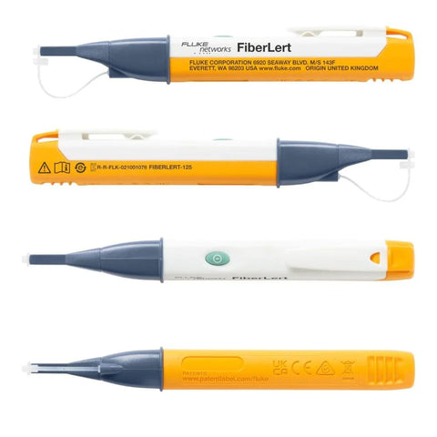 FiberLert-125 fiber optic cable tester and detector by Fluke Networks, yellow and gray handheld device.