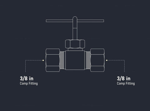 3/8 in compression needle valve with T-handle, lead-free brass, fittings on both ends