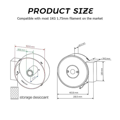 Diagram showing dimensions of Filament Dryer Box For 3D Printer Filament Storage And Drying, compatible with 1.75mm filaments.