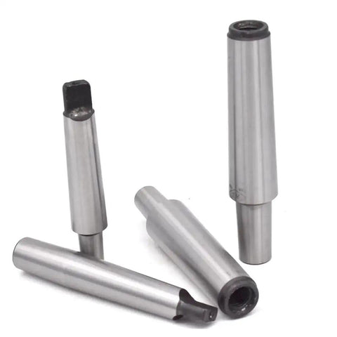 Morse taper collet arbors set, four metal tool holder adapters for CNC mill/lathe, shown from multiple angles