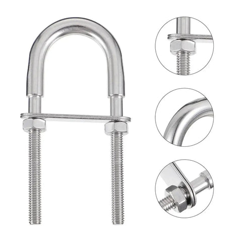 Stainless Steel 304 U Shaped Bolt M6x90 With Nut And Washer For Marine And Trailer Fastening, close-up view with detailed inserts.
