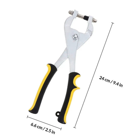 Leather Hole Punch Pliers Handheld Punch Tool for Crafting and Leathercraft with stainless steel build and anti-slip handle, front view.