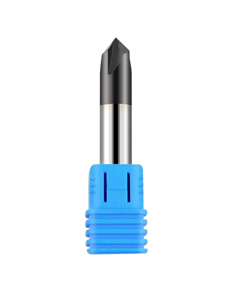 Image of a 3/8 Inch Solid Carbide End Mill Chamfer Mill Double End 4 Flute 90 Degree Chamfer AlTiN Coated Milling Bit with blue holder.