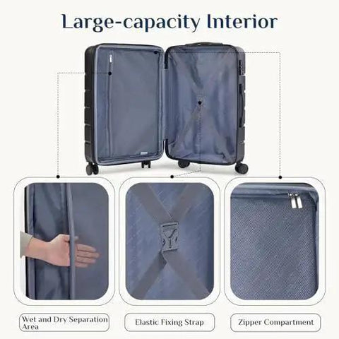 Interior view of Three Piece Hardside Luggage Set With Spinner Wheels For Easy Travel No Sweat, showing compartments and straps