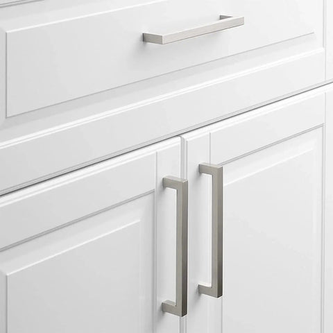 5 Inch Brushed Nickel Cabinet Pulls 10 Pack Square Handles Modern Stainless Steel Hardware For Cabinets Drawers Dressers Closets Smooth Brushed Nickel Finish Center Hole 5 Inch For Easy Installation installed on white cabinets