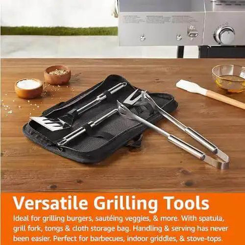 4 Piece Stainless Steel BBQ Grilling Tool Set With Carry Bag Rust-Resistant And Dishwasher Safe Includes Spatula Grill Fork Tongs