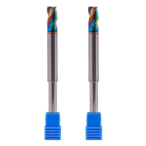 Front view of two pack DLC coated solid carbide square end mills for aluminum copper, five-sixteenth inch cutting diameter, reduced shank.