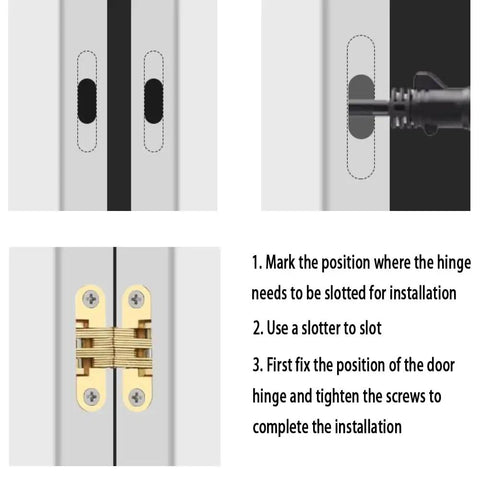 Diagram showing installation steps for 4 Pcs Concealed Cross Hidden Door Hinges For Cabinets 18mm Invisible 180 Degree Swing With Smooth Silent Close No Squeaks Zinc Alloy Build Easy Install For Wooden Doors And Cross Folding Cabinet Doors.