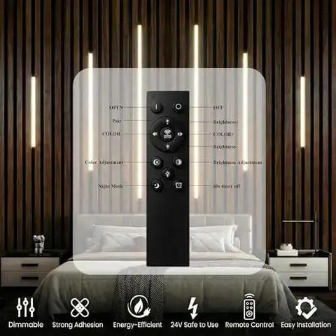 Recessed LED Light Bar Kit With CCT 2700K To 6500K remote control displayed over lit wood slat wall panels