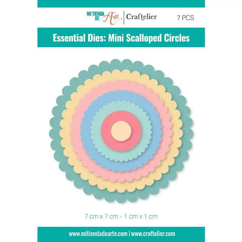 Mini Die Set For Scrapbooking And Card Making - 7 Scalloped Circle Dies, displayed in layered pastel colors, sizes 1 to 7 cm