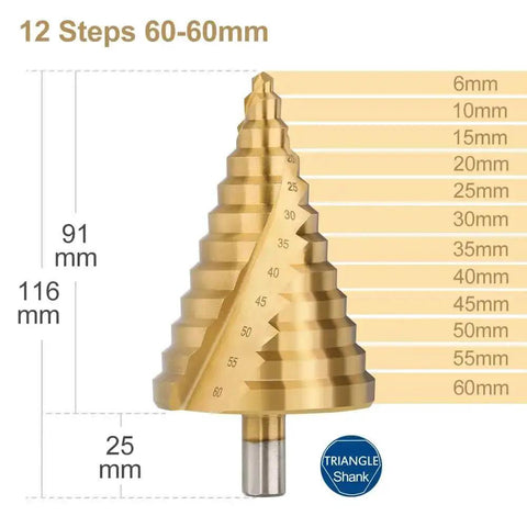 Step Drill Bit Set 6 To 60mm Titanium Coated HSS Cone Drill Bit With Triangular Shank for multiple hole sizes