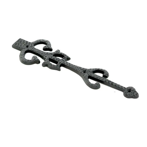 Garage Door Decorative Hardware Set 11 Inch Slick Black Wrought Iron Dummy Strap Hinge with mounting hardware, close-up view