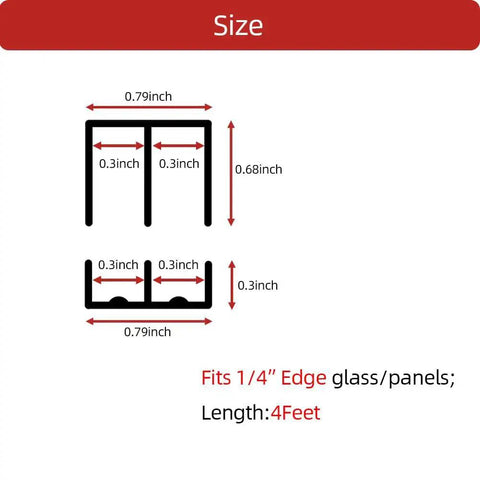 Diagram showing dimensions of Sliding Door Track Kit For One Quarter Inch Thick Panels, U Channel Rubber, Black, 4 Feet length.