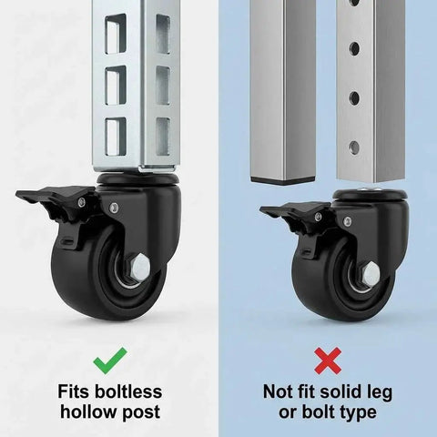 3 Inch PU Caster Wheels For 2x2 Boltless Shelving Racks Four Pack Heavy Duty Mobility Set With 1500 Lb Total Load Easy Slide In Installation No Bolts Required Quiet Smooth Rolling For Garage Storage And Workshop showing fitment with boltless hollow post and not with solid leg