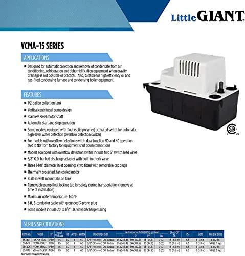 Little Giant VCMA-15UL condensate removal pump, 115V, 65 GPH, 1/50 HP, 6 ft cord, black/white